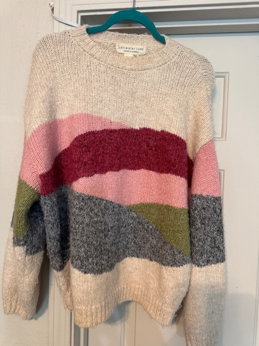 saltwater LUXE Cream Crewneck Sweater with Pink, Berry, Olive & Gray Colorblocks